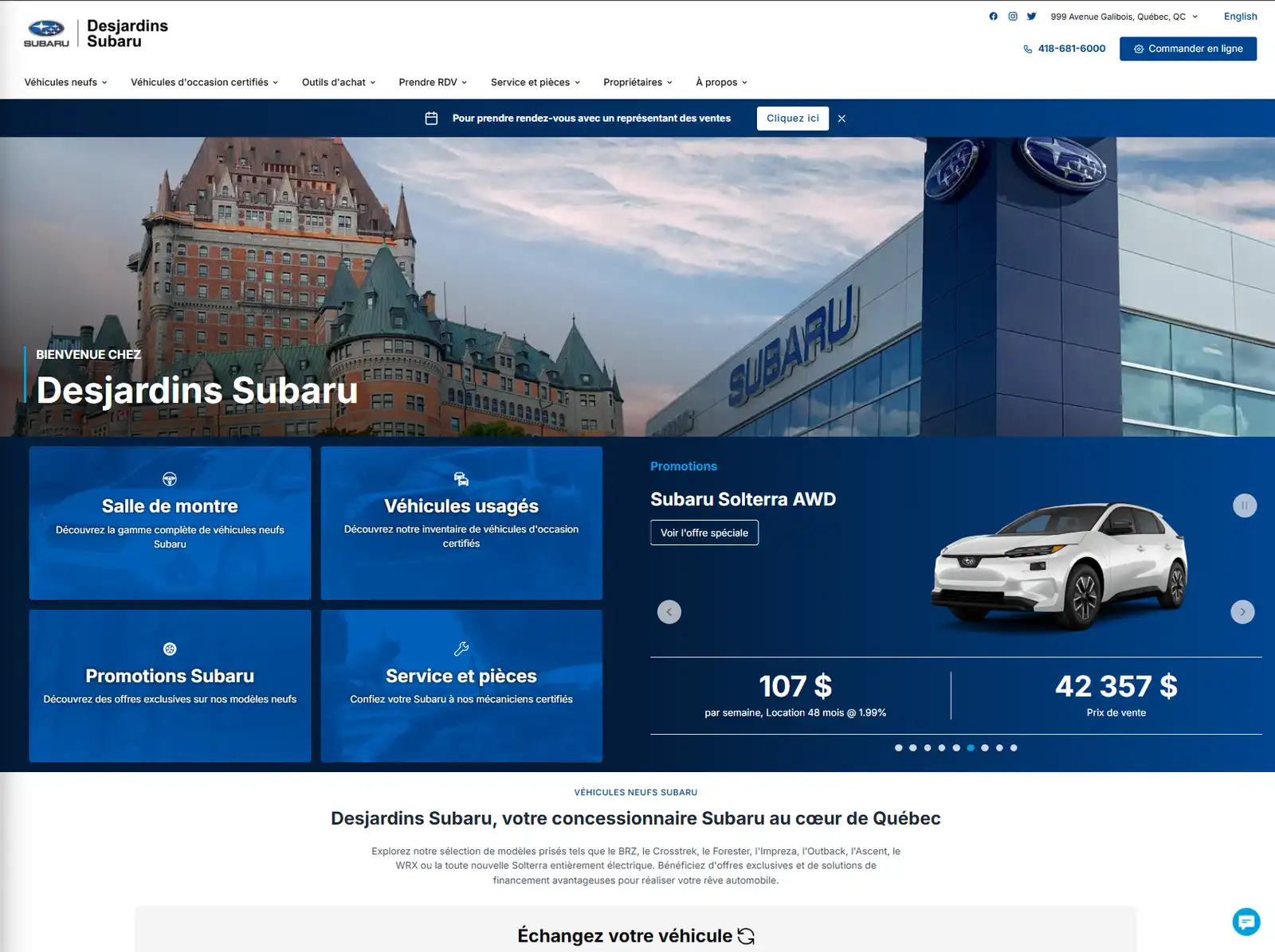 Aperçu du site Desjardins Subaru sur ordinateur, propulsé par Autoroot